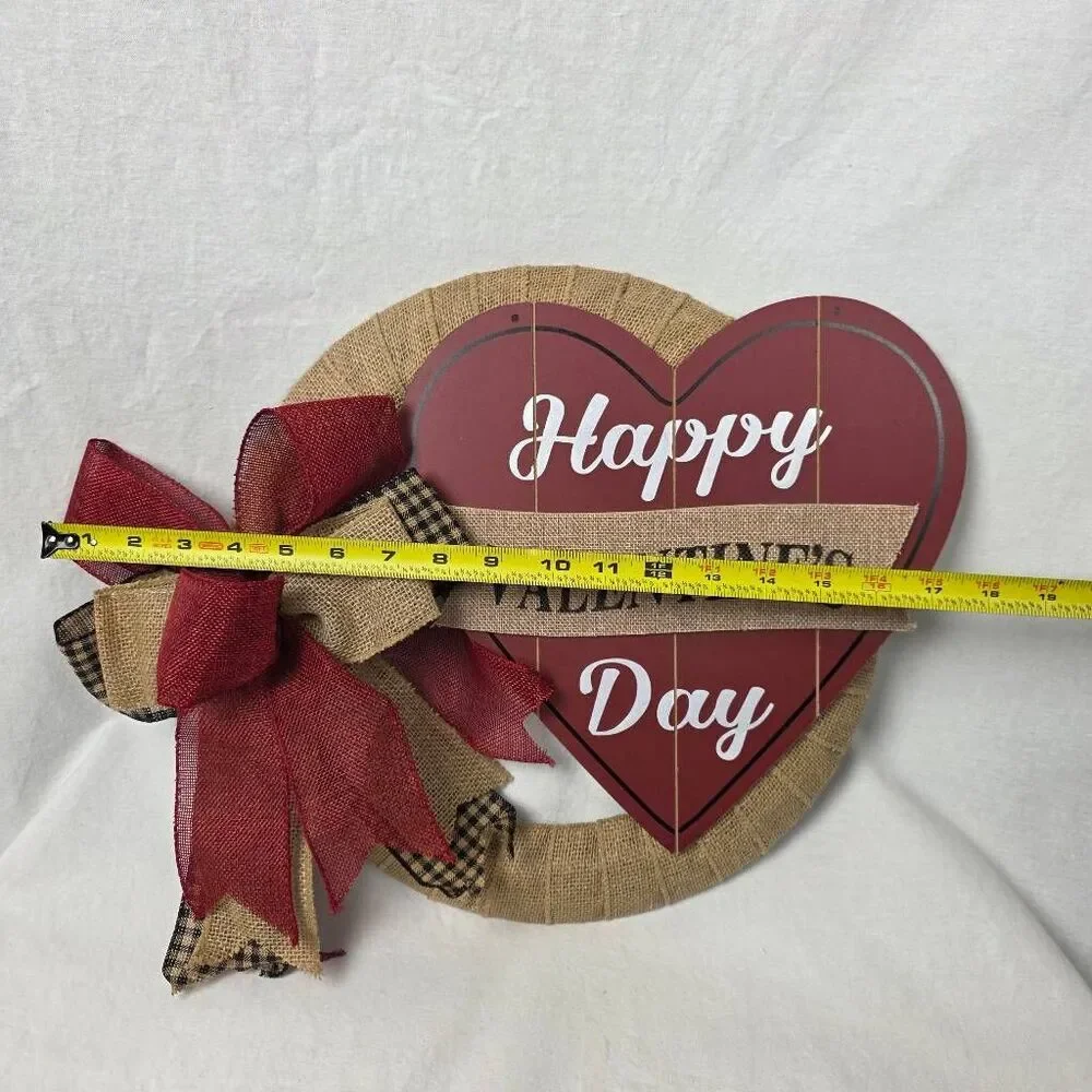 Happy Valentine's Day Heart Sign Burlap Wreath Red Bow Wooden Door Hanger Decor